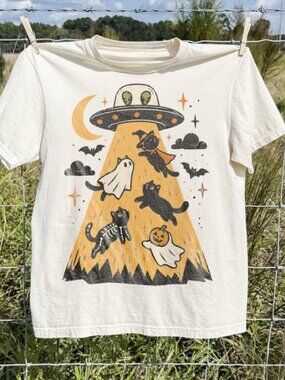 Alien Abduction Halloween Cats Shirt, Funny UFO Black Cat Graphic Tee